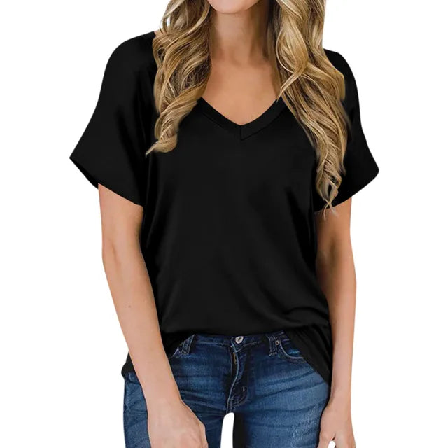 Women's classic V-neck t-shirt in soft fabric for effortless everyday style. Comfortable short sleeve casual top.