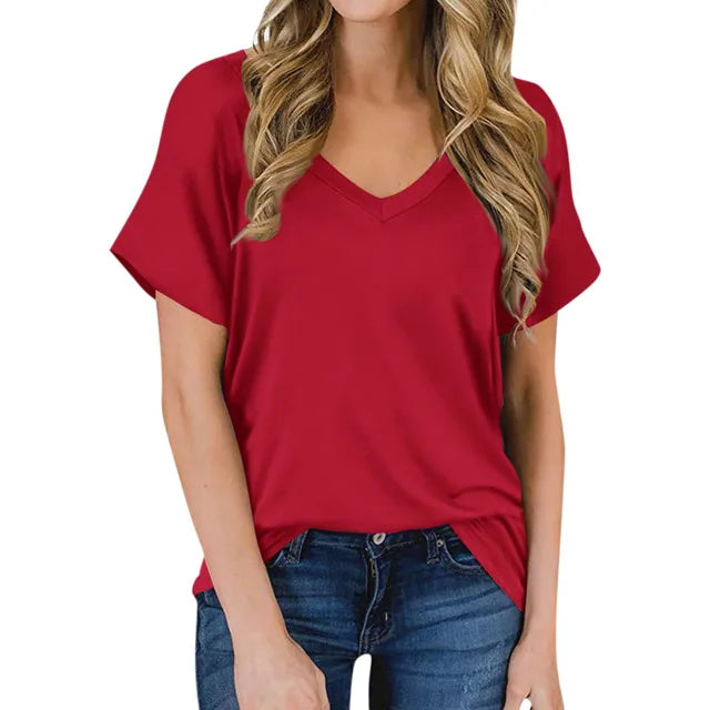 Soft women's V-neck t-shirt, perfect for casual summer fashion. Comfortable short sleeve everyday top.