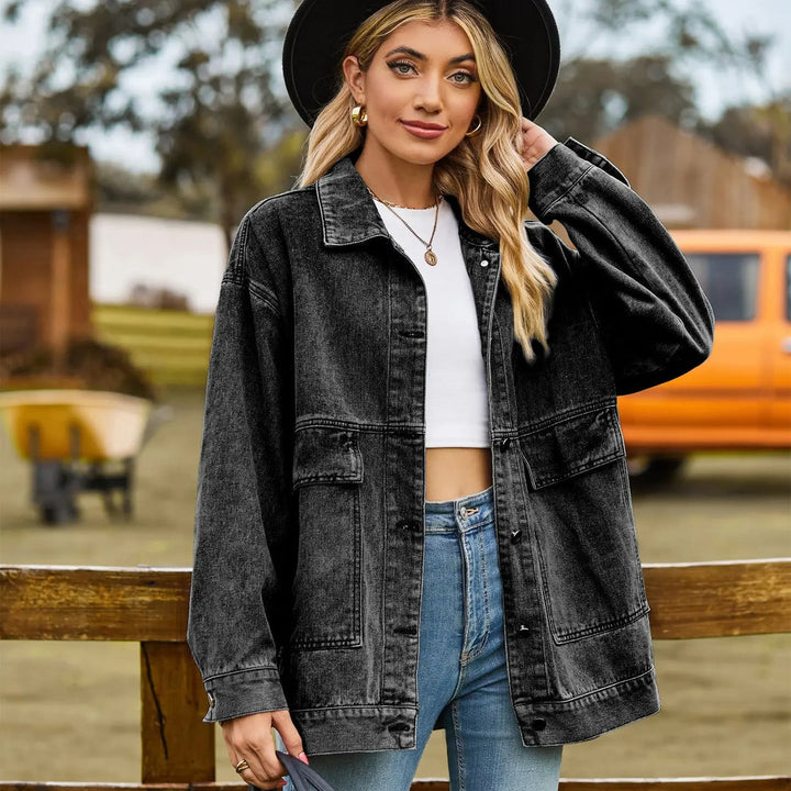 Women's classic vintage denim jacket, relaxed fit for casual wear & everyday style.