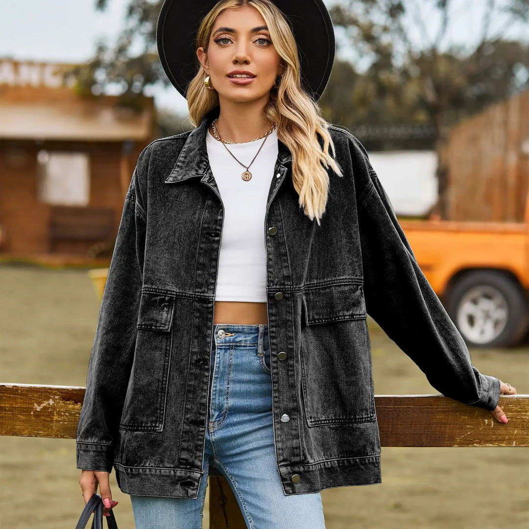 Trendy women's denim jacket, vintage wash, perfect outerwear layering piece for all seasons.