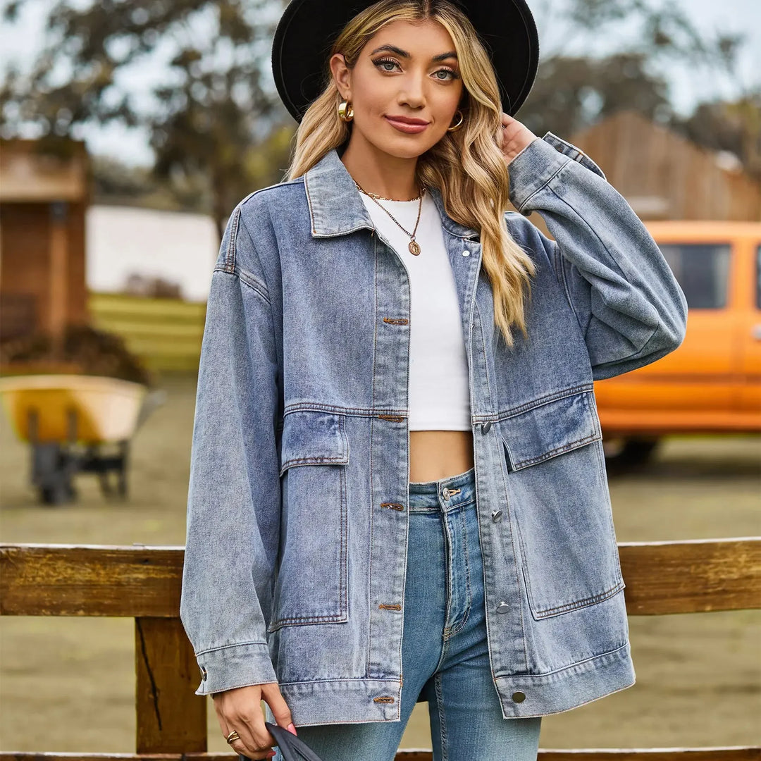 Classic vintage style women's denim jacket with a relaxed fit, ideal for casual fashion.