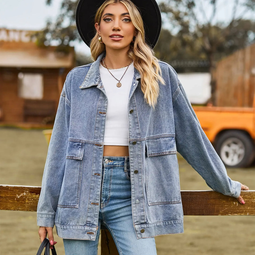 Stylish women's vintage denim jacket, a timeless layering piece for trendy, everyday outfits.