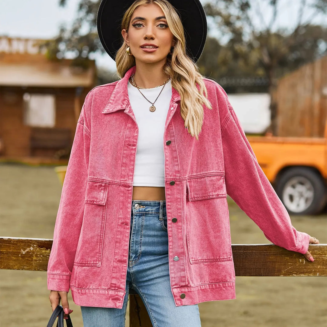 Iconic women's classic denim jacket in vintage style, an essential casual fashion layering piece.