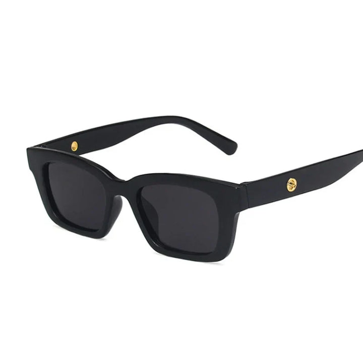 Chic women's wayfarer rectangular sunglasses, dark lenses with luxurious gold accent. UV protection eyewear.