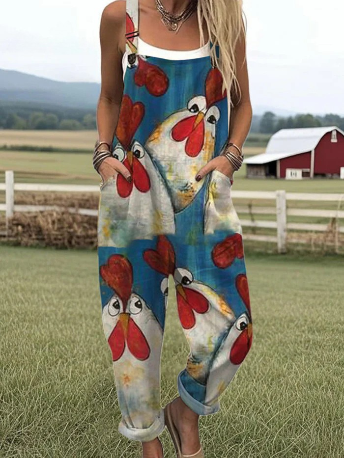 Women's Cluckin' Cute playful jumpsuit, relaxed fit dungarees, perfect for comfortable casual or summer wear.