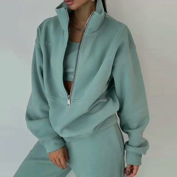 Soft women's jogger and hoodie set, perfect lounge wear for casual outfits or light fitness.