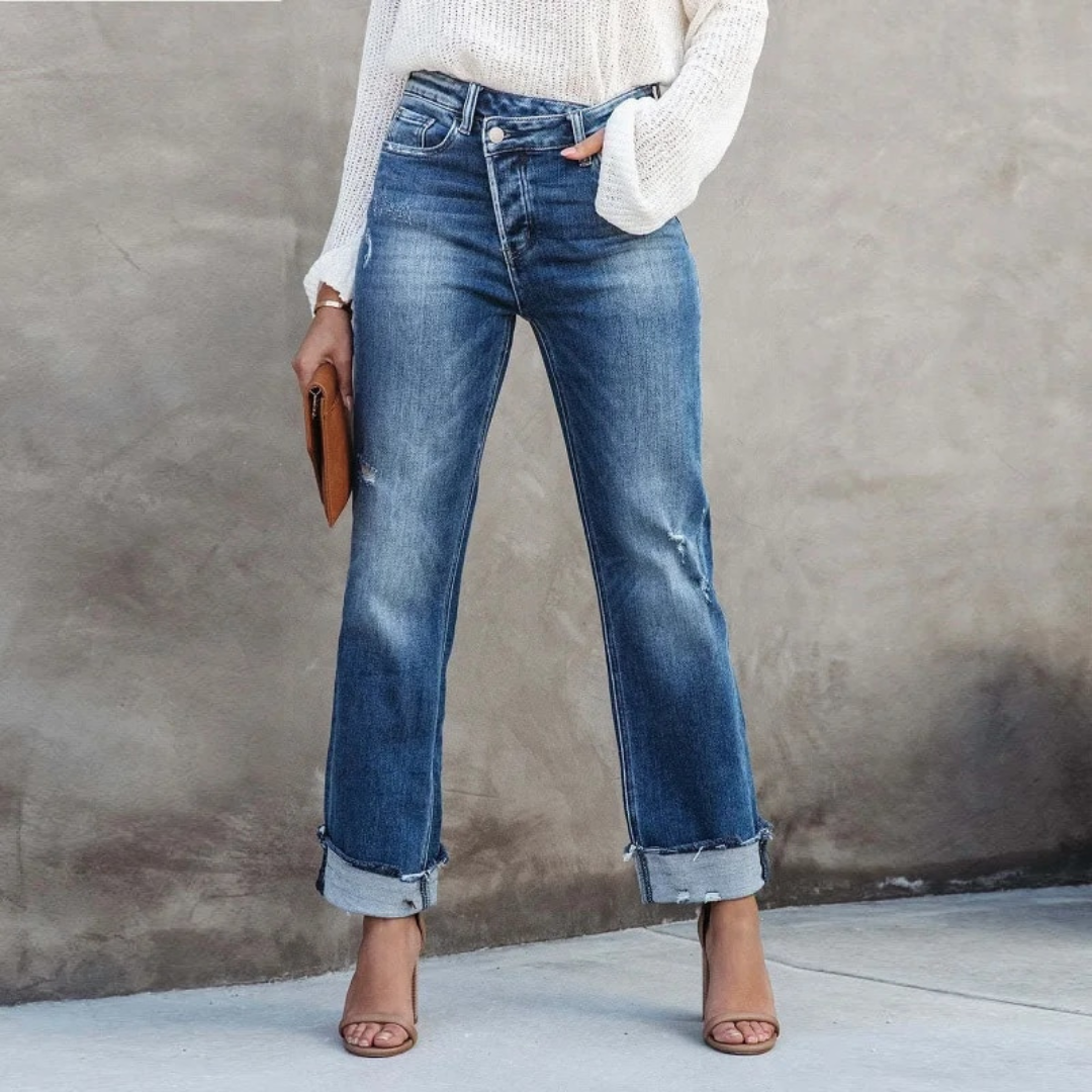 Women's comfortable high-waisted relaxed fit jeans, perfect for everyday wear & casual style.