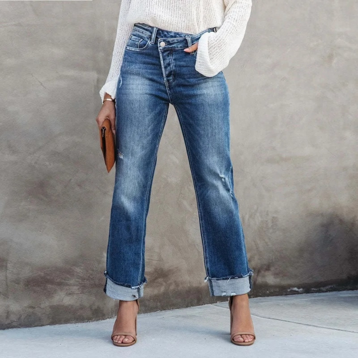 Women's comfortable high-waisted relaxed fit jeans, perfect for everyday wear & casual style.