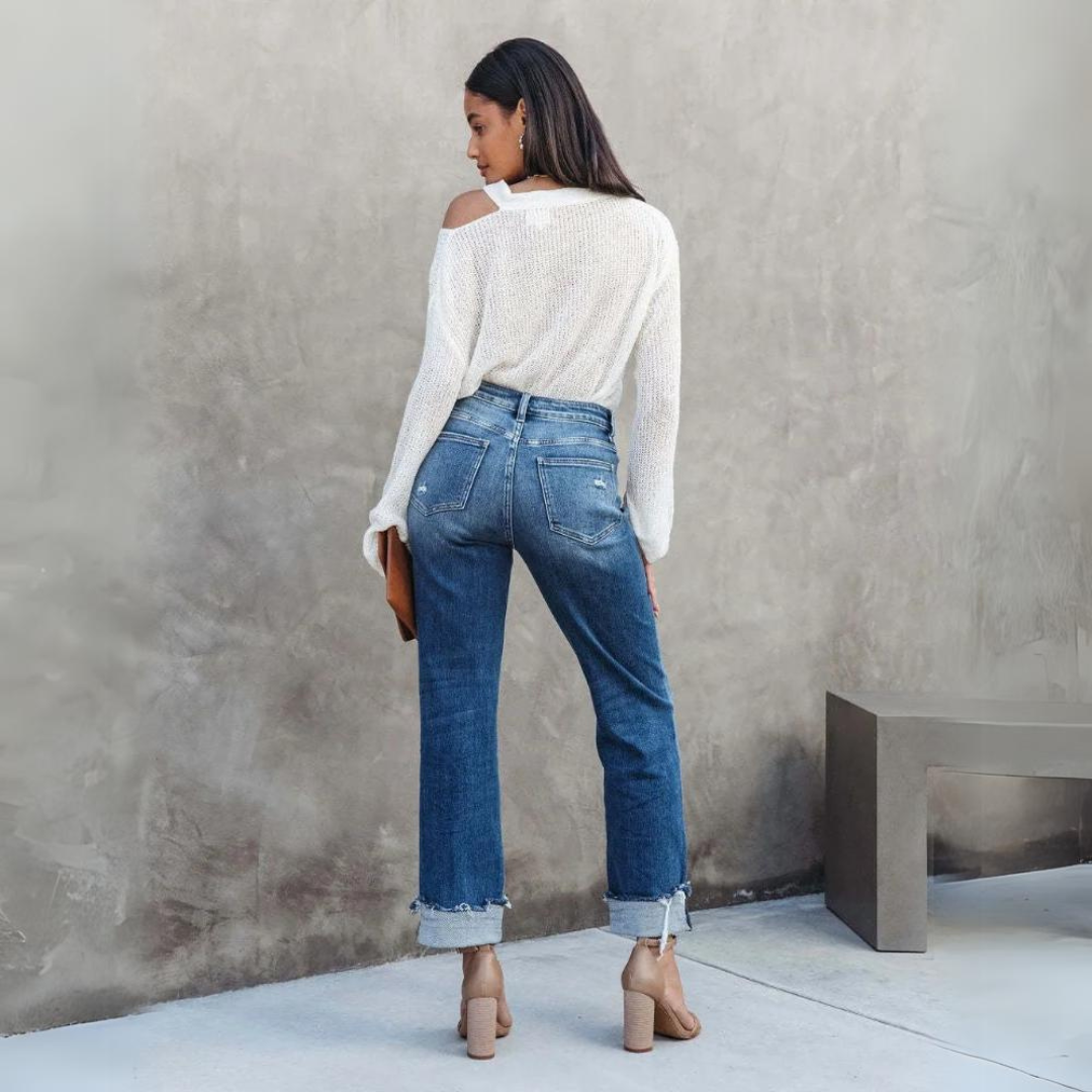 Versatile women's high-waisted relaxed fit jeans, offering timeless style & ultimate comfort for all occasions.