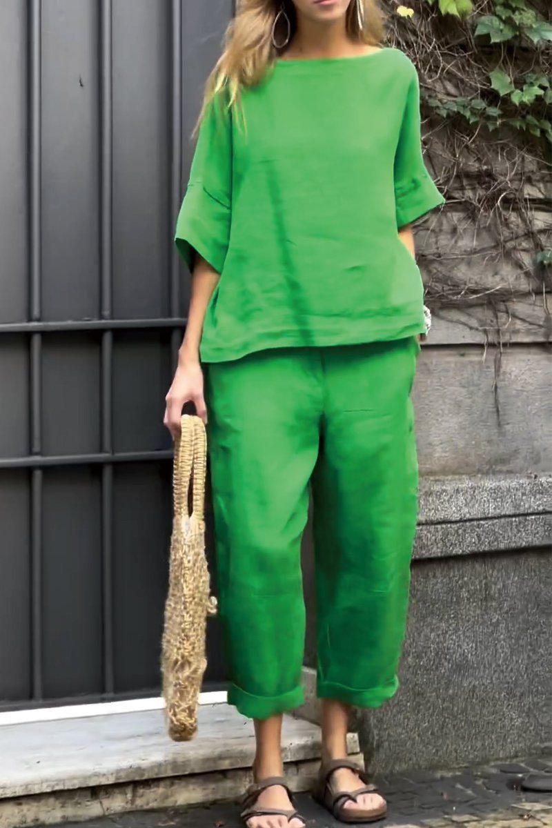 Women's comfortable relaxed fit green shirt and ankle pants set, perfect for loungewear or casual style.