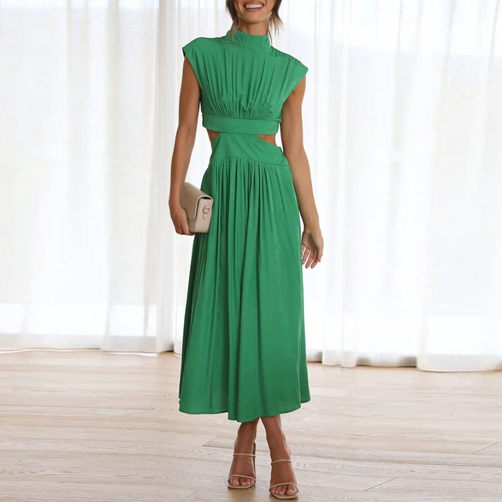 Women's comfortable & stylish stretch midi dress with short sleeves and high collar, perfect for casual wear.