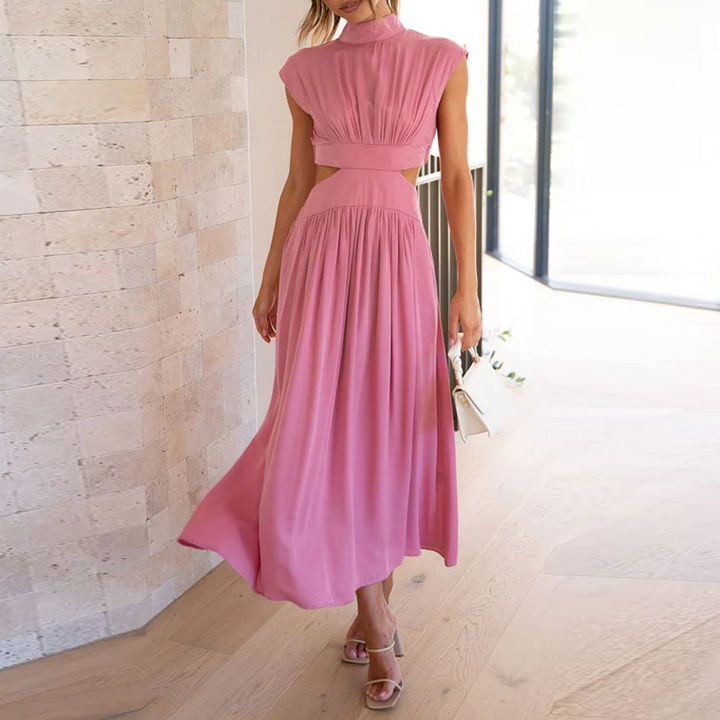 Versatile women's stretch midi dress with a high collar & short sleeves, ideal for elegant casual or vacation wear.