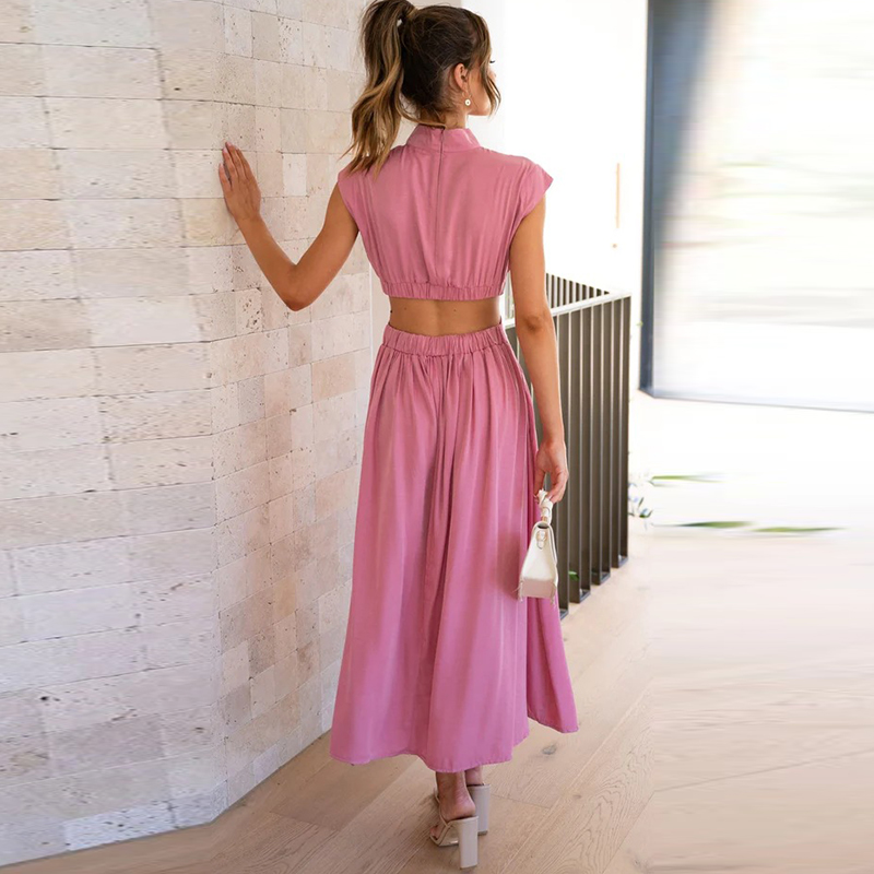 Soft, comfortable stretch midi dress for women, featuring a high collar & short sleeves, great for all-day wear.