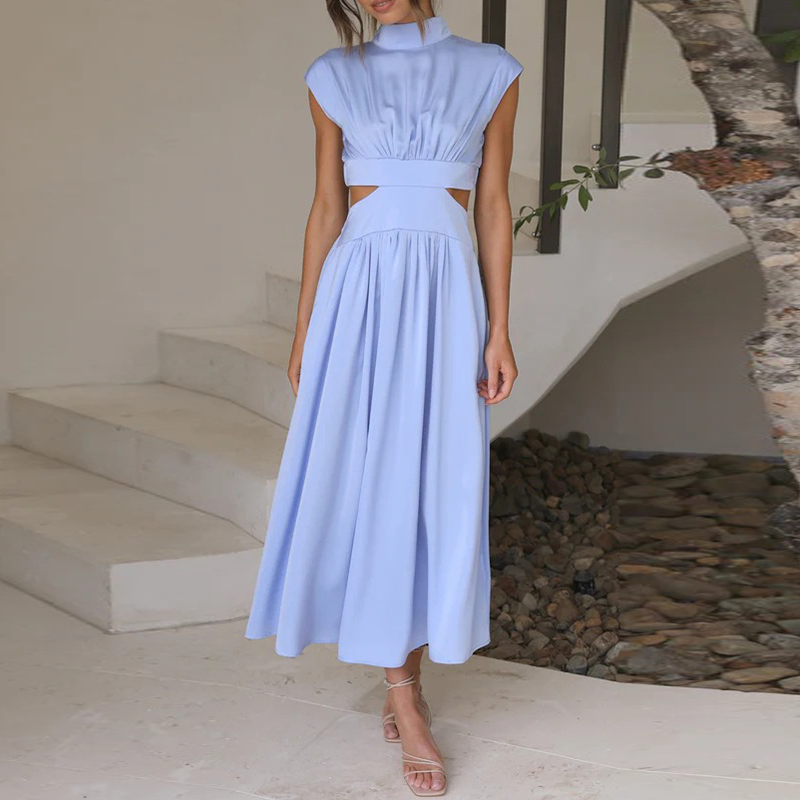 Stylish women's stretch casual midi dress with a high collar and short sleeves, offering ultimate comfort.