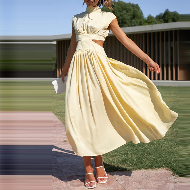 Comfortable & versatile women's stretch midi dress with short sleeves & high collar, perfect for everyday style.
