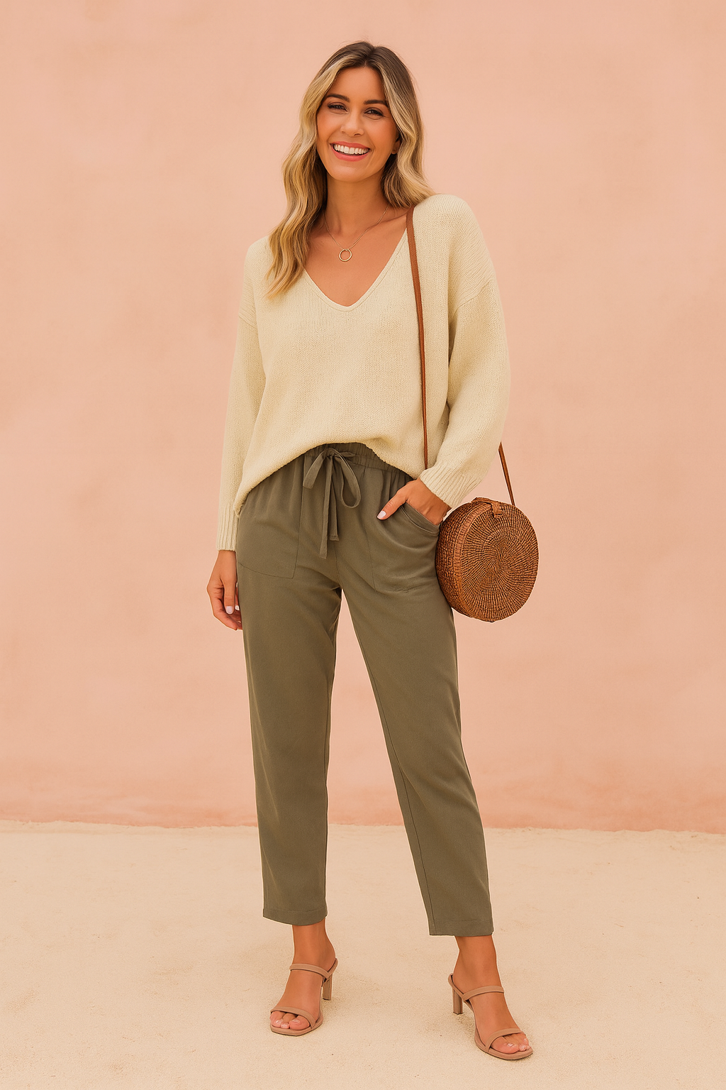 Classic women's V-neck sweater for everyday wear. Comfortable, loose fit, long sleeve top. Perfect for fall outfits.
