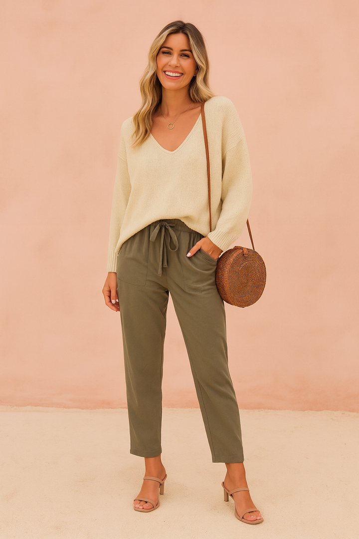 Classic women's V-neck sweater for everyday wear. Comfortable, loose fit, long sleeve top. Perfect for fall outfits.