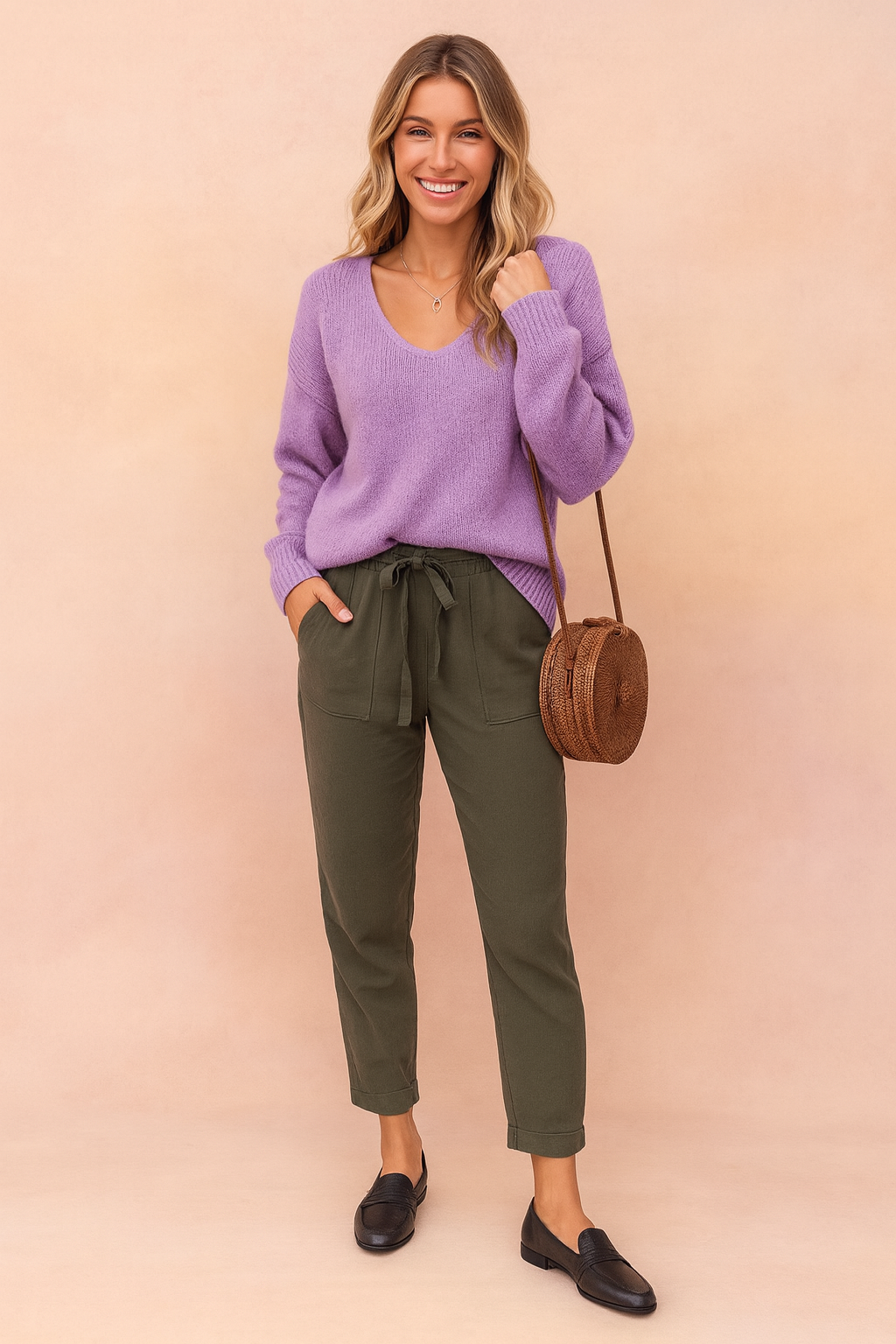 Loose fit women's V-neck sweater with long sleeves. Comfortable & casual, perfect for versatile everyday fall and winter looks.
