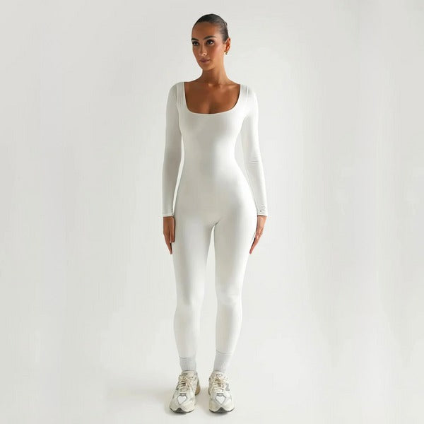 Women's comfortable yoga jumpsuit with square neckline & fitted sleeves, perfect for activewear or casual everyday wear.
