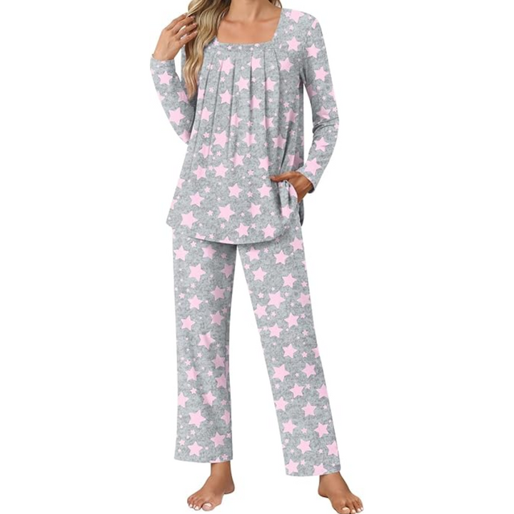 Womens clothing: comfy 2-piece relaxed fit pajama set with pockets, soft loungewear.