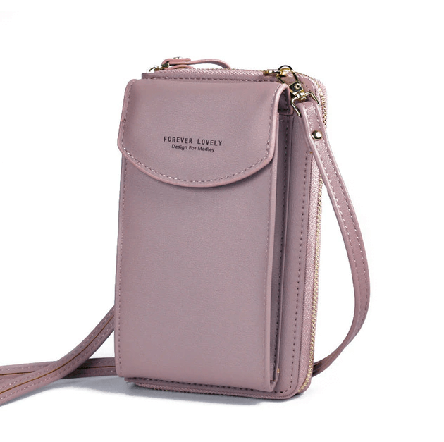 Small yet spacious compact PU leather purse with a long adjustable strap.