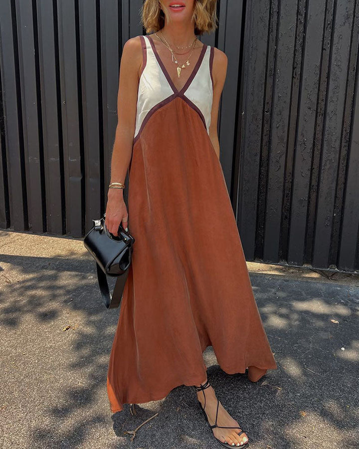 Casual chic women's long dress, elegant contrast color block maxi perfect for daily wear.