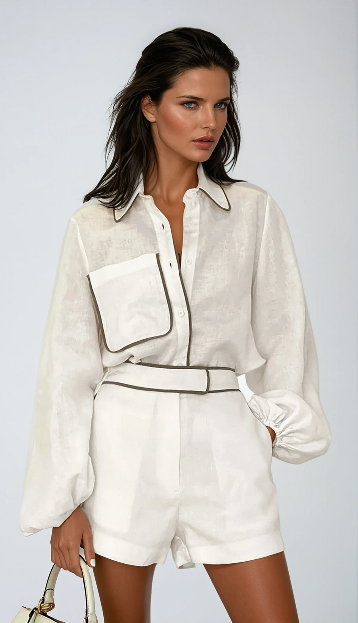 Women's contrast trim shorts set for effortless summer style; chic two-piece matching outfit.