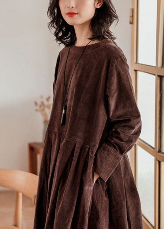 Textured corduroy autumn winter dress. Women's elegant long-sleeve Emilia midi for cozy fall fashion & comfort.