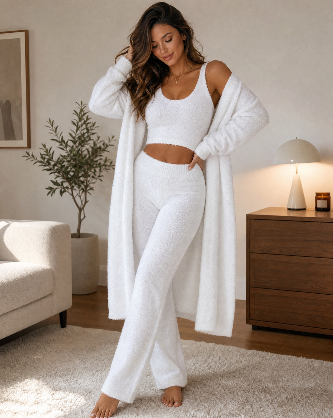 Comfortable women's 3-piece loungewear set in soft knit fabric. Ideal cozy sleepwear for fall & winter.