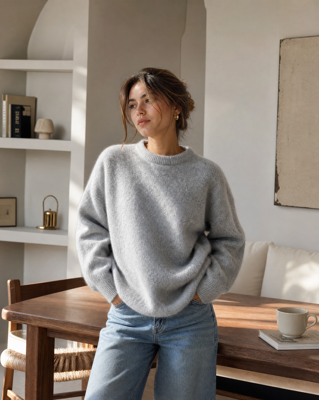 Elegant women's textured knit sweater with a relaxed fit, soft, cozy, and versatile for everyday wear.