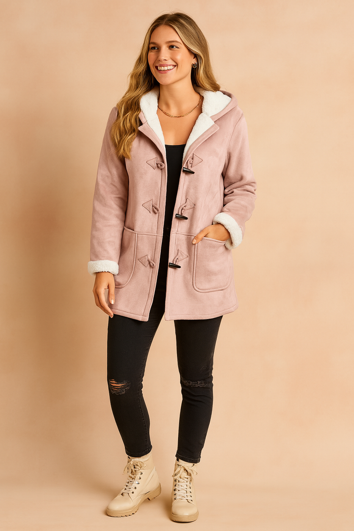 Women's cozy hooded winter jacket, perfect for warmth & style in cold weather.