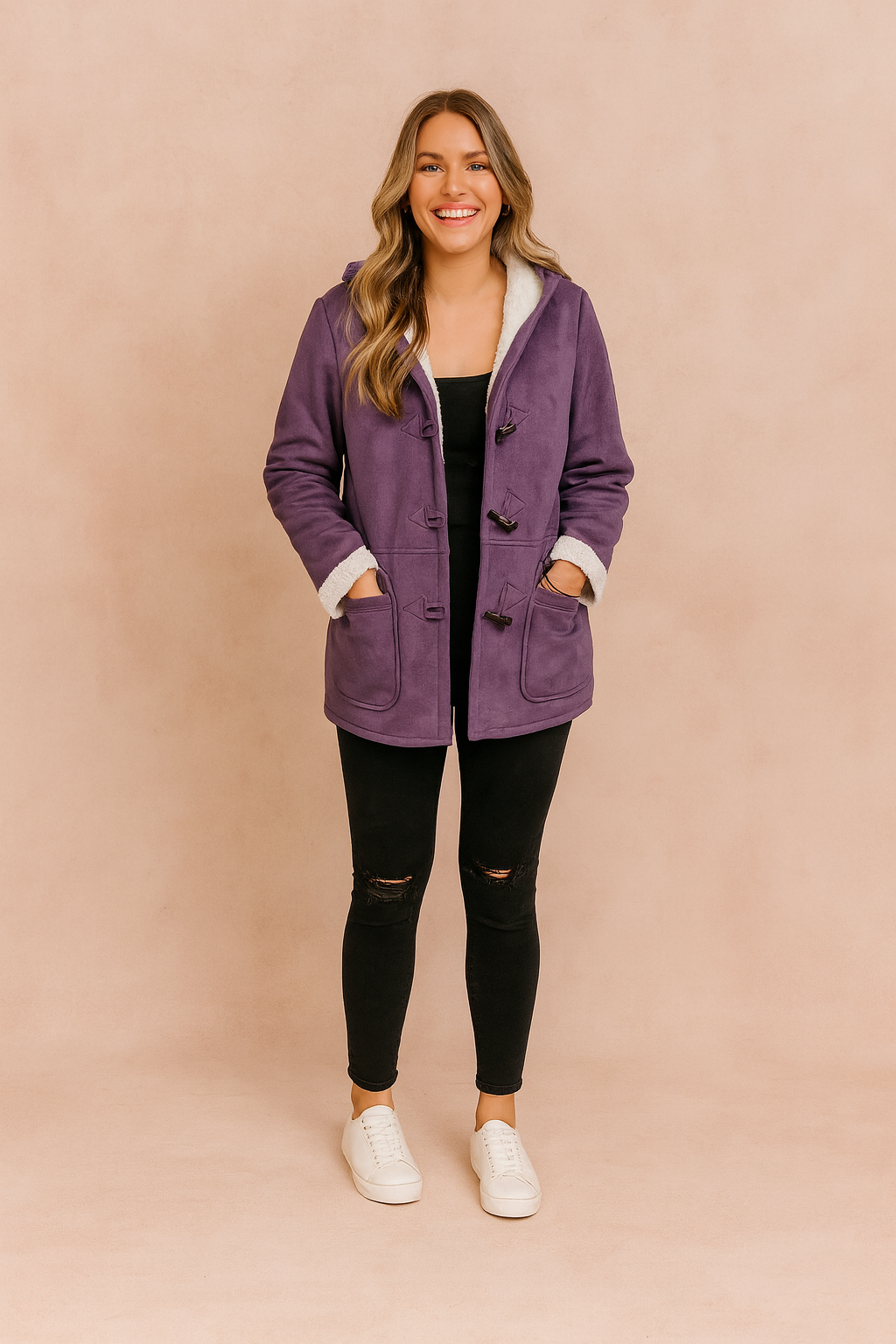 Stylish ladies' winter jacket with a soft hood, ensuring comfort & warmth during chilly days.