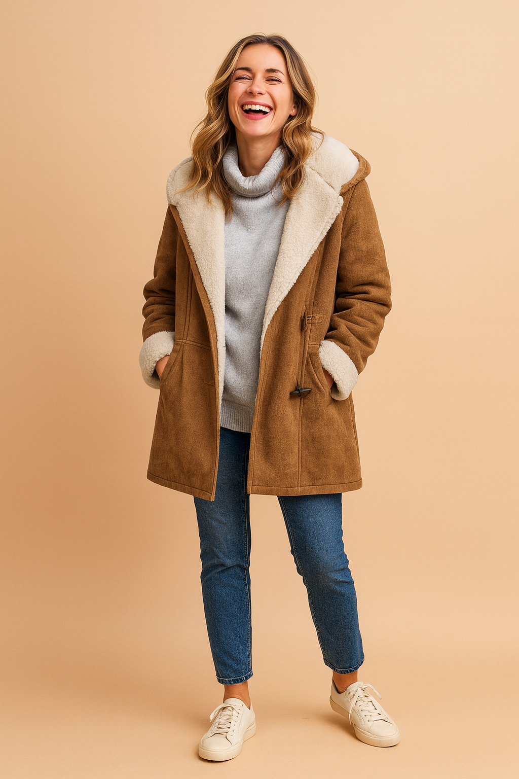 Warm women's outerwear jacket with a cozy hood, ideal for fashionable cold-weather protection.