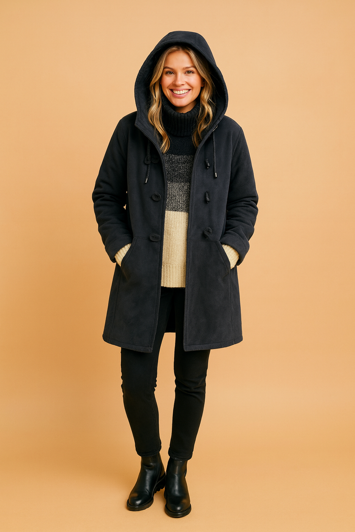 Elegant women's winter jacket with a cozy hood, offering premium comfort & a chic cold-weather look.
