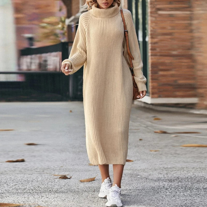 Women's cozy knit long sleeve roll neck midi dress, oversized fit, perfect for comfortable fall & winter fashion.