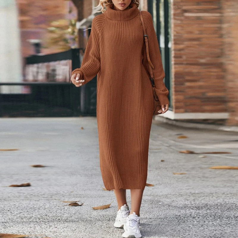 Comfortable women's long sleeve roll neck knit midi dress, ideal for cozy fall and winter everyday style.