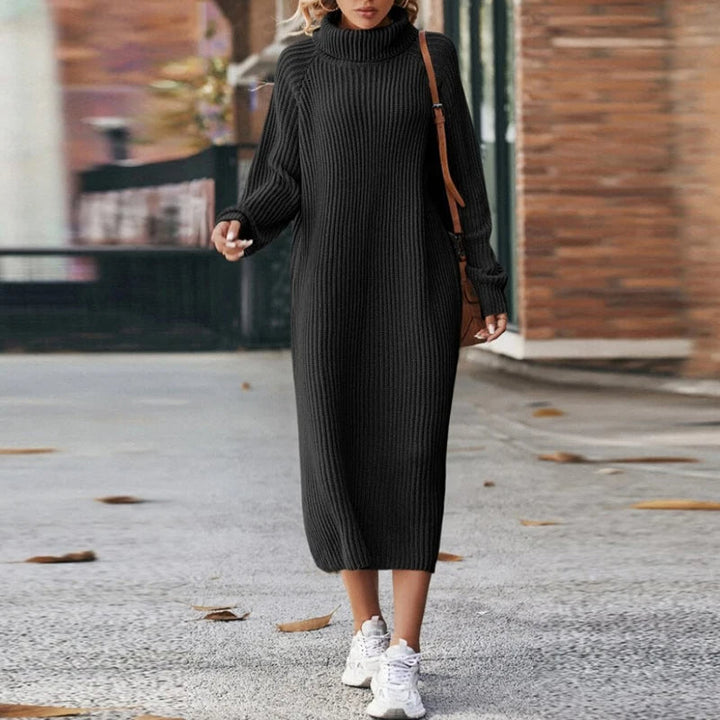 Stylish women's oversized roll neck midi knit dress with long sleeves, versatile for casual fall and winter outfits.