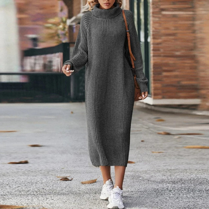 Elegant and cozy women's long sleeve roll neck knit midi dress, a comfortable choice for winter fashion.