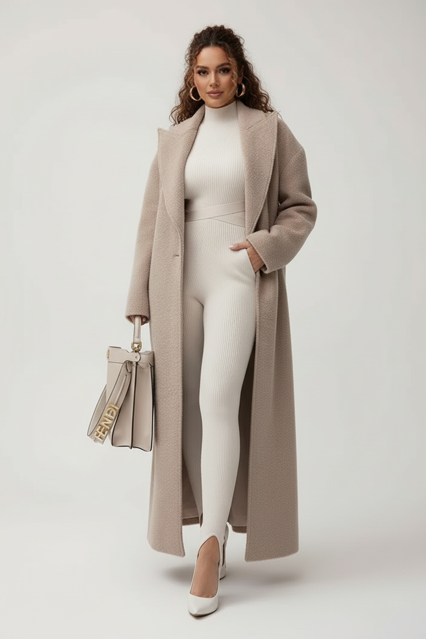 Women's cozy oversized long coat in a neutral tone, perfect for elegant winter fashion & layering.