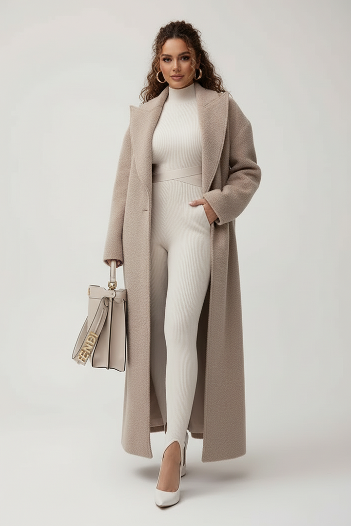 Women's cozy oversized long coat in a neutral tone, perfect for elegant winter fashion & layering.