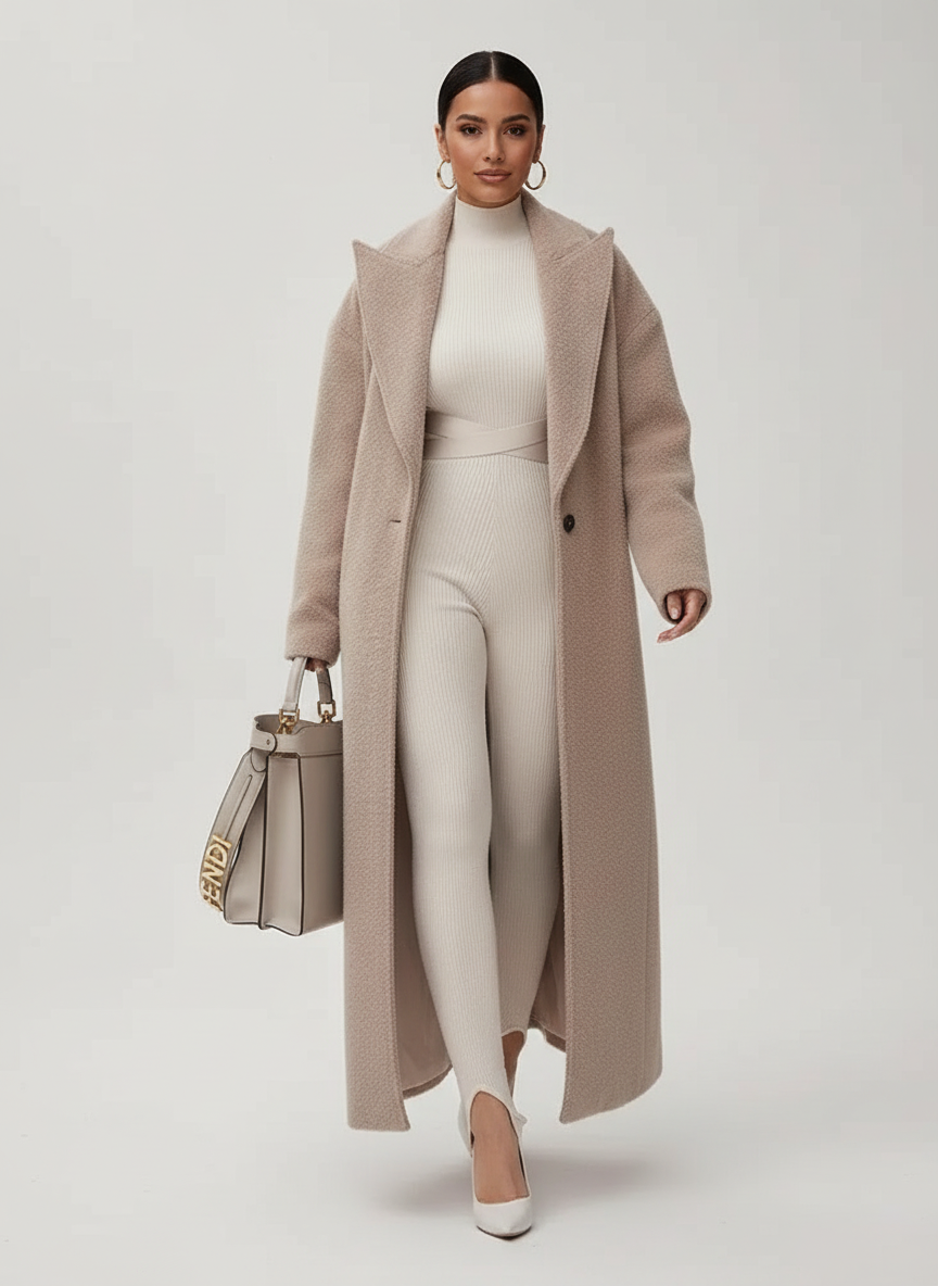 Stylish women's long coat, oversized & super cozy, offering casual elegance for winter outfits.