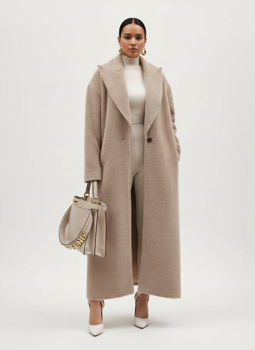 Warm women's oversized coat, a long and cozy outerwear piece, essential for chic autumn fashion.