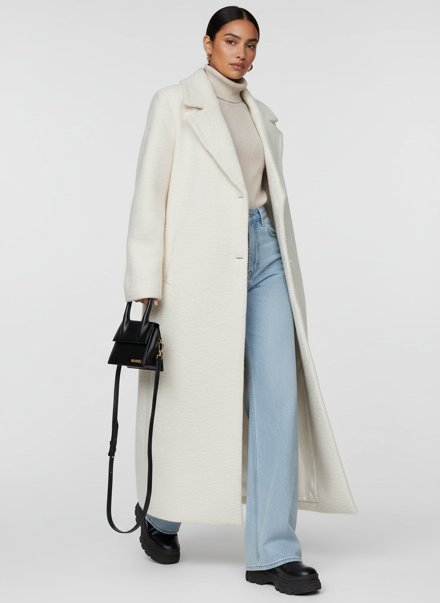 Soft women's long oversized coat, a warm and cozy layering piece for stylish winter fashion.