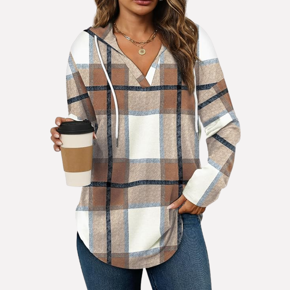 Front view of a women's cozy oversized pullover hoodie, perfect for casual everyday wear.