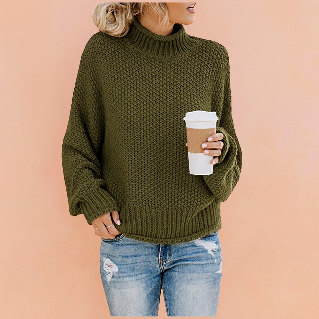 Comfortable women's oversized turtleneck sweater, a cozy knit for relaxed fall & winter everyday style.