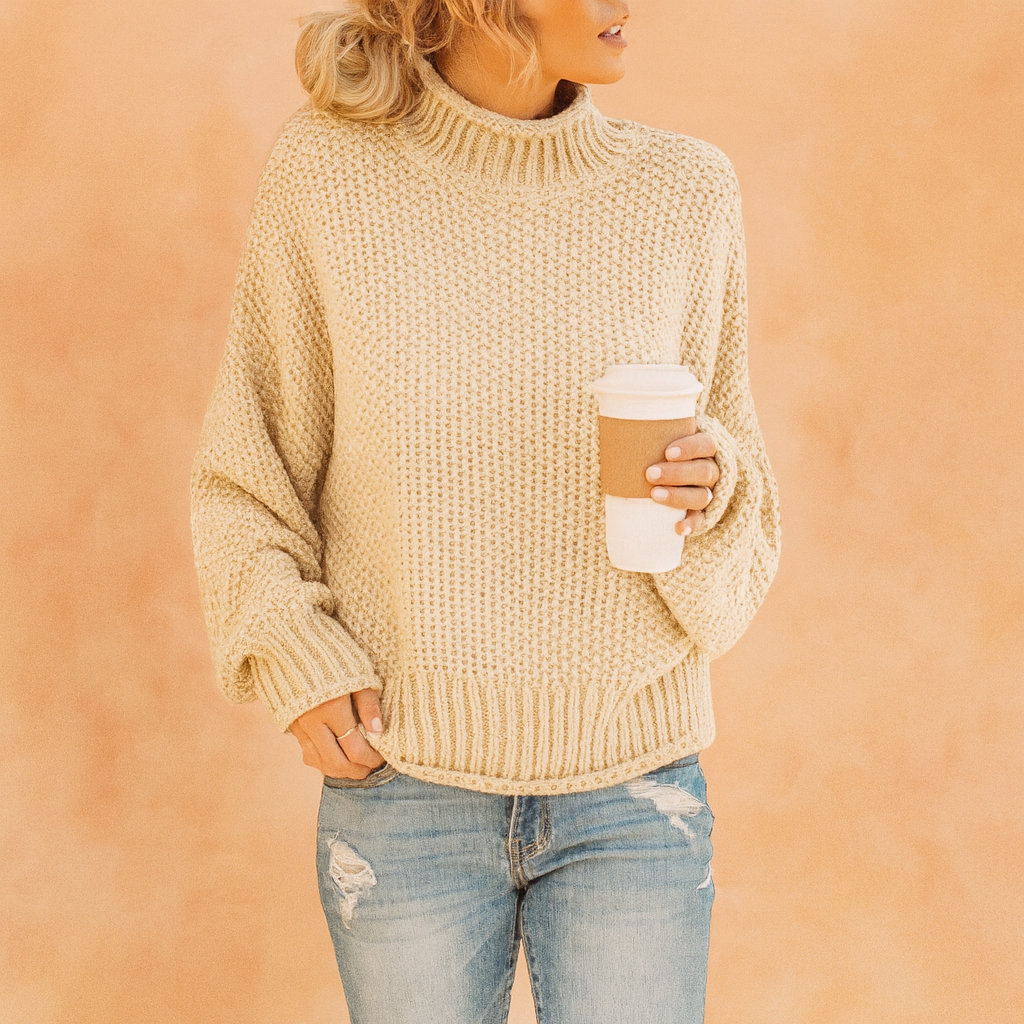 Stylish women's oversized turtleneck sweater, a trendy cozy knit for chic winter & fall fashion.