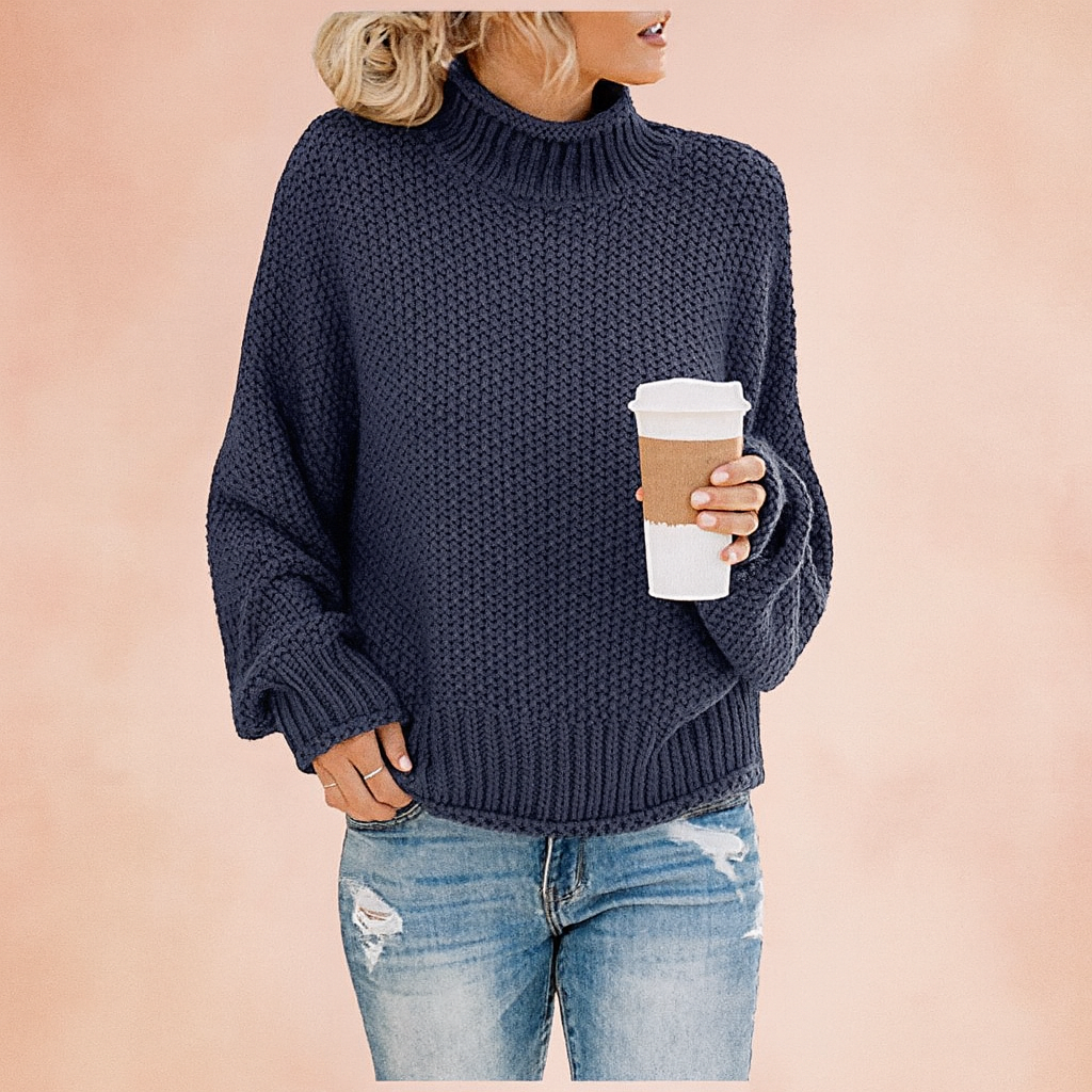 Soft knit women's oversized turtleneck sweater, a cozy and comfortable choice for everyday winter fashion.