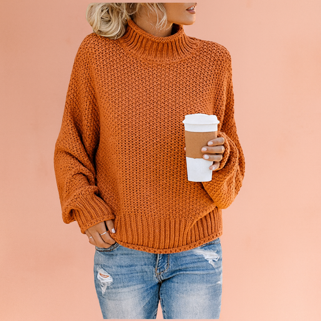 Chic women's oversized turtleneck sweater, a warm & comfortable knit essential for fall/winter fashion.
