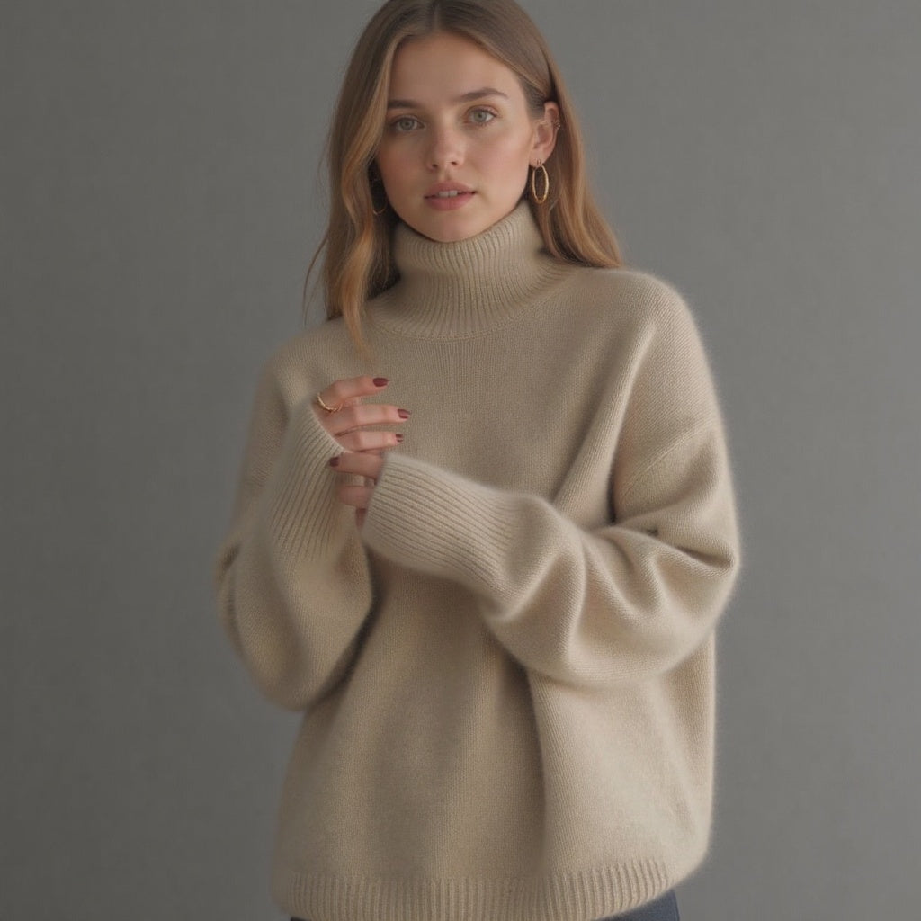 Women's cozy oversized turtleneck sweater, comfortable chic fall & winter fashion.