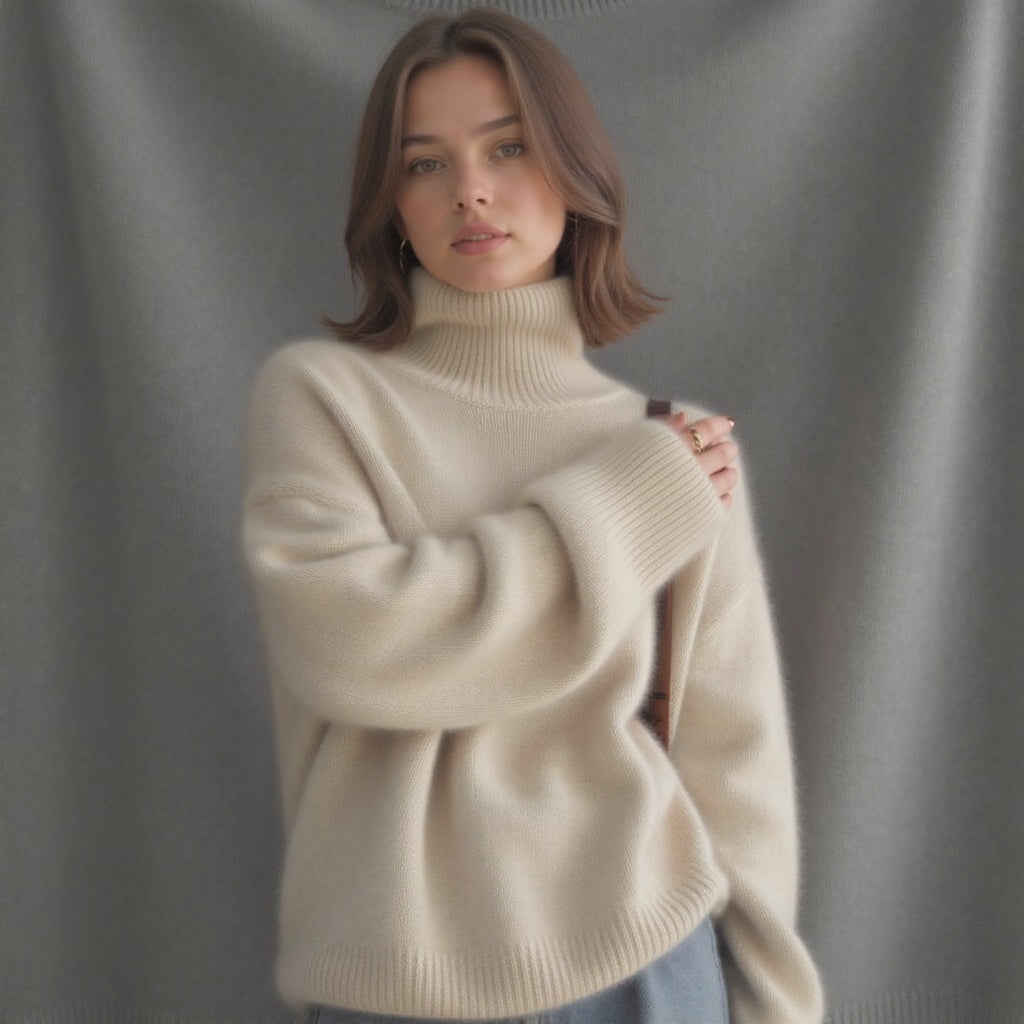 Warm & cozy oversized turtleneck sweater for women, perfect for cold weather & relaxed fit.